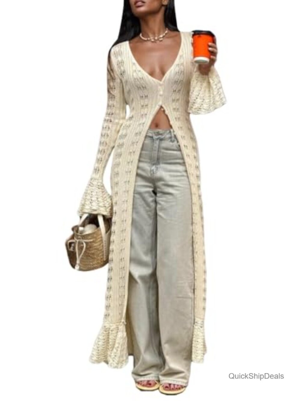 Crochet Hollow Out Knit Maxi Cardigan Button Down Bell Sleeve